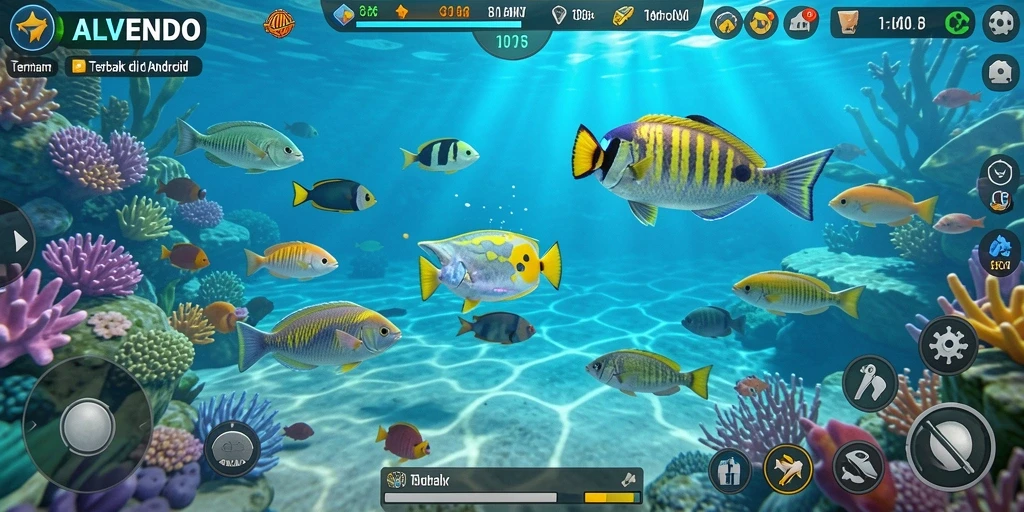 Gameplay seru dalam ALVENDO saat menembak ikan.