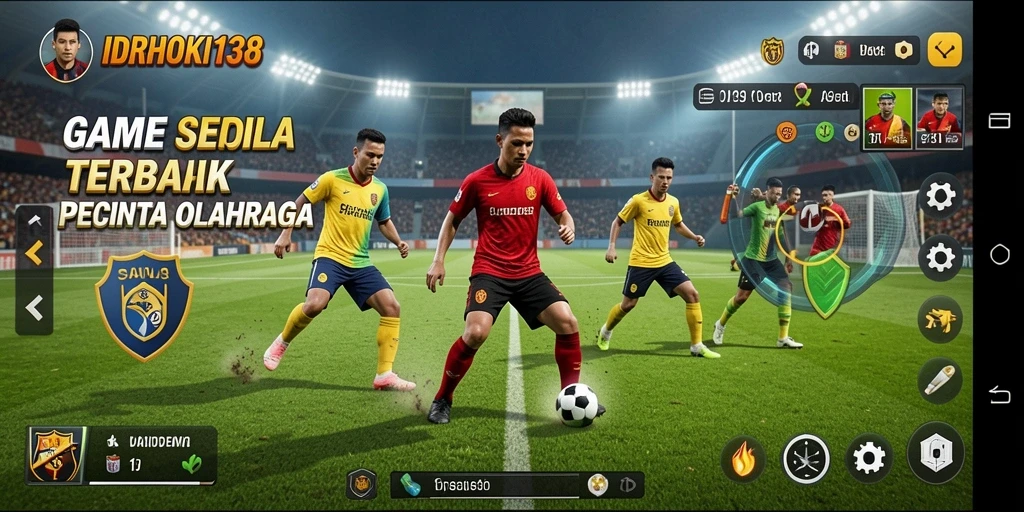 Screenshot gameplay IDRHOKI138 menunjukkan aksi seru di lapangan sepak bola.