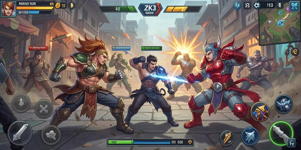 Tampilan gameplay <strong>ZK3</strong> dengan karakter bertarung di arena yang dinamis.